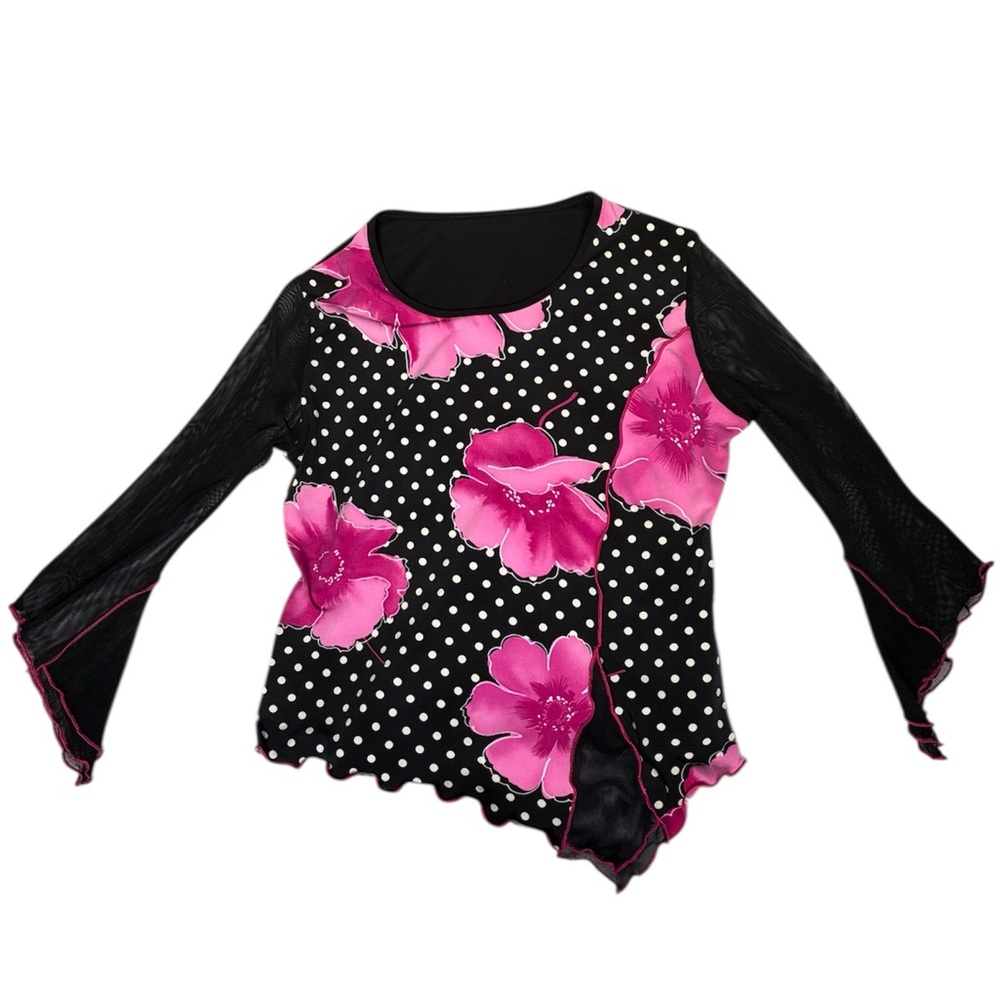 Japanese Vintage Black Polkadot Floral Mesh Shirt